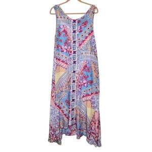 Coldwater Creek Maxi Dress‎ Large Blue Pink Floral Sleeveless Boho Embroidery